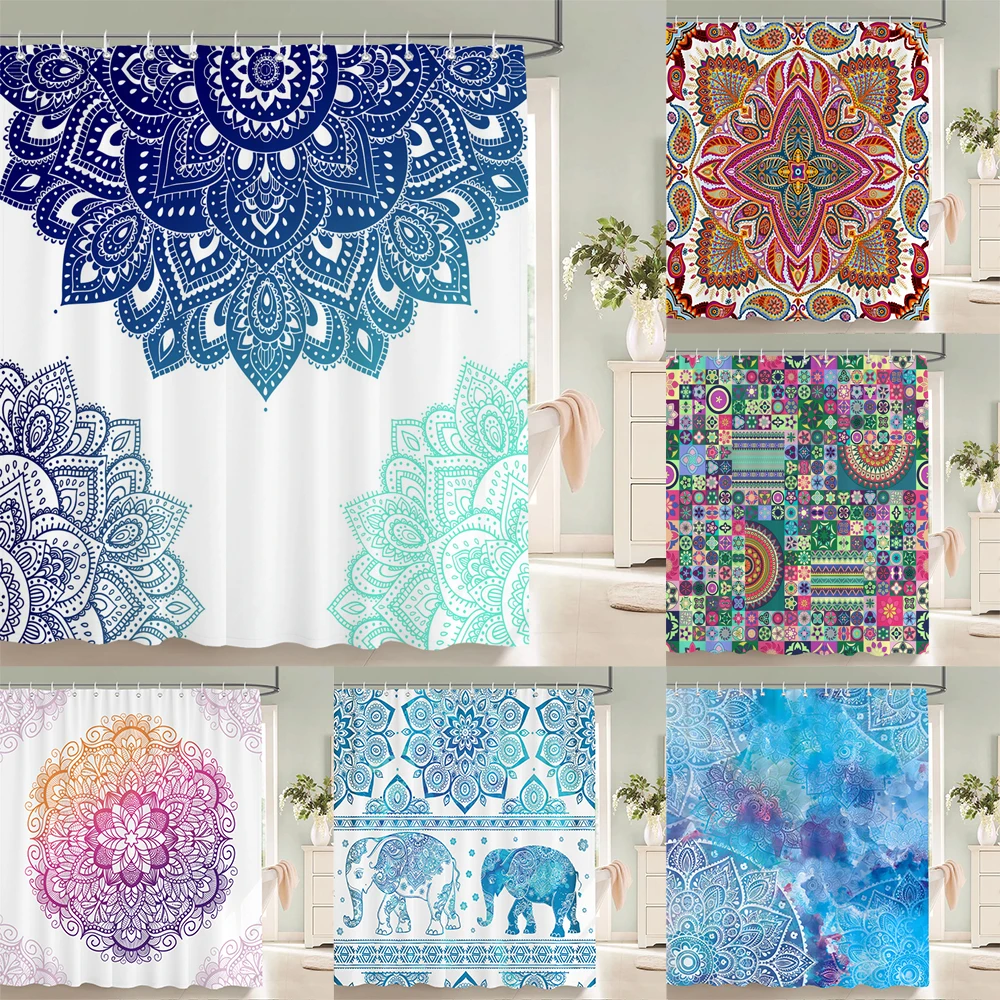 

High Quality Indian Mandala Pattern Printed Fabric Shower Curtains Bohemian Bath Screen Waterproof Bathroom Decor with 12 Hooks
