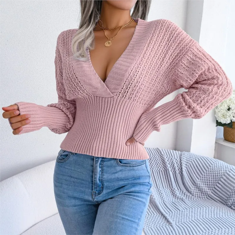 Women\'s Autumn Winter Hollow Out Knitted Blue Pink Sexy V-neck Long Sleeve Sweater Top Elegant Slim Solid Knitted Pullover Tops