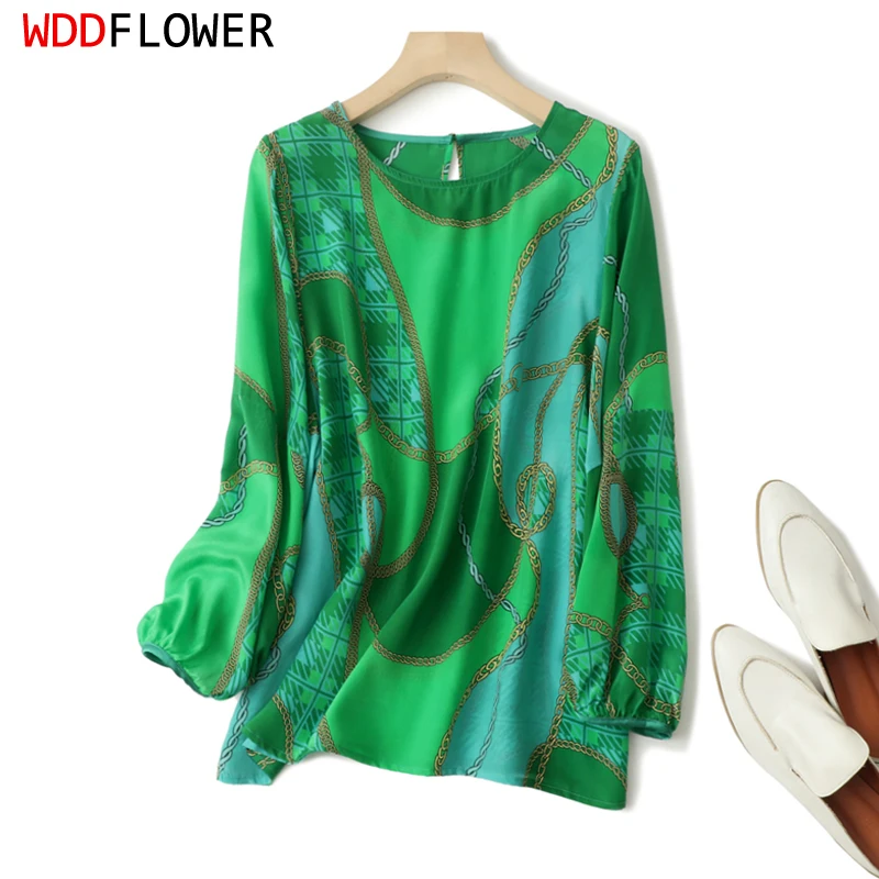 Women Silk Blouse 100% Mulberry Silk Crepe Silk Green Chain Printed Crew Neck Pullover Top Shirt Office Lady FF033