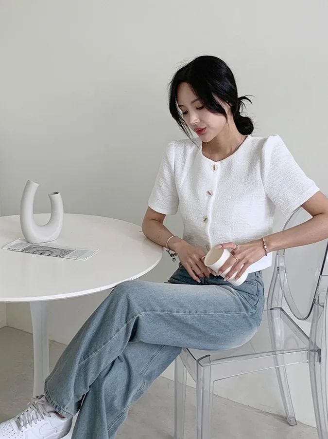 

Ele ort Sve round Ne Single Button Women's Jaet Spring 2025 Faion Commute Sle Loose Fit Casual Top
