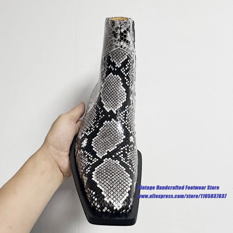 Men's Snake Skin Print Chelsea Boots Pointed Toe Side Zipper Low Square Heel Luxury Designer Vintage Handcrafted Men's Boots