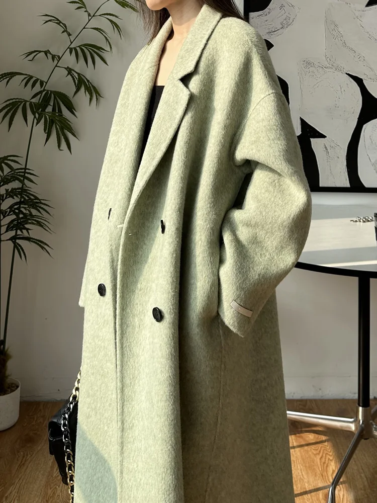 High-end Women Double-sided Wool Long Coat Warm Mulberry Silk Lapel Loose Double Breasted Wool Coat Female Fashion Autumn Winter