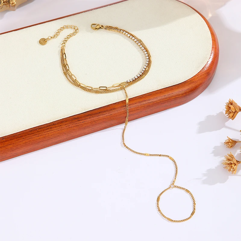 Letdiffery Multi‑Layer Zircon Chain Bracelet with Finger Ring Stainless Steel Women Hand Chain Ring Connected Finger Bracelet