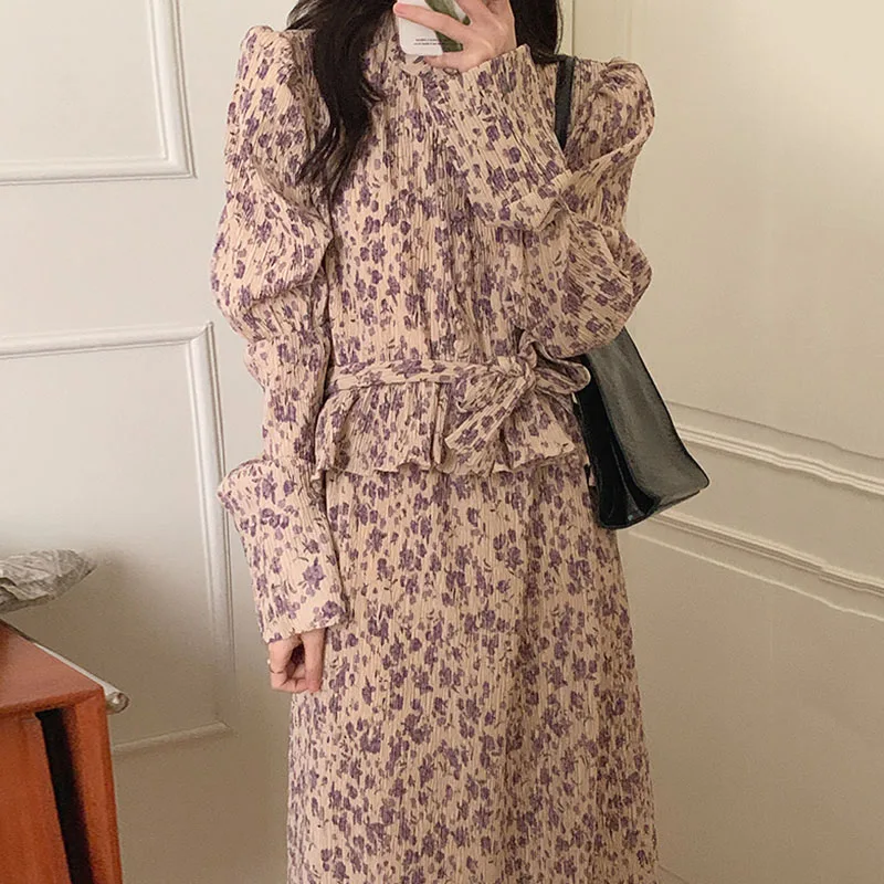 

2022 A-Line Elegant Vintage Dress Party Woman Dresses Long Sleeve Spring Luxury High Waist Fall Print Floral Women Vestido Midi