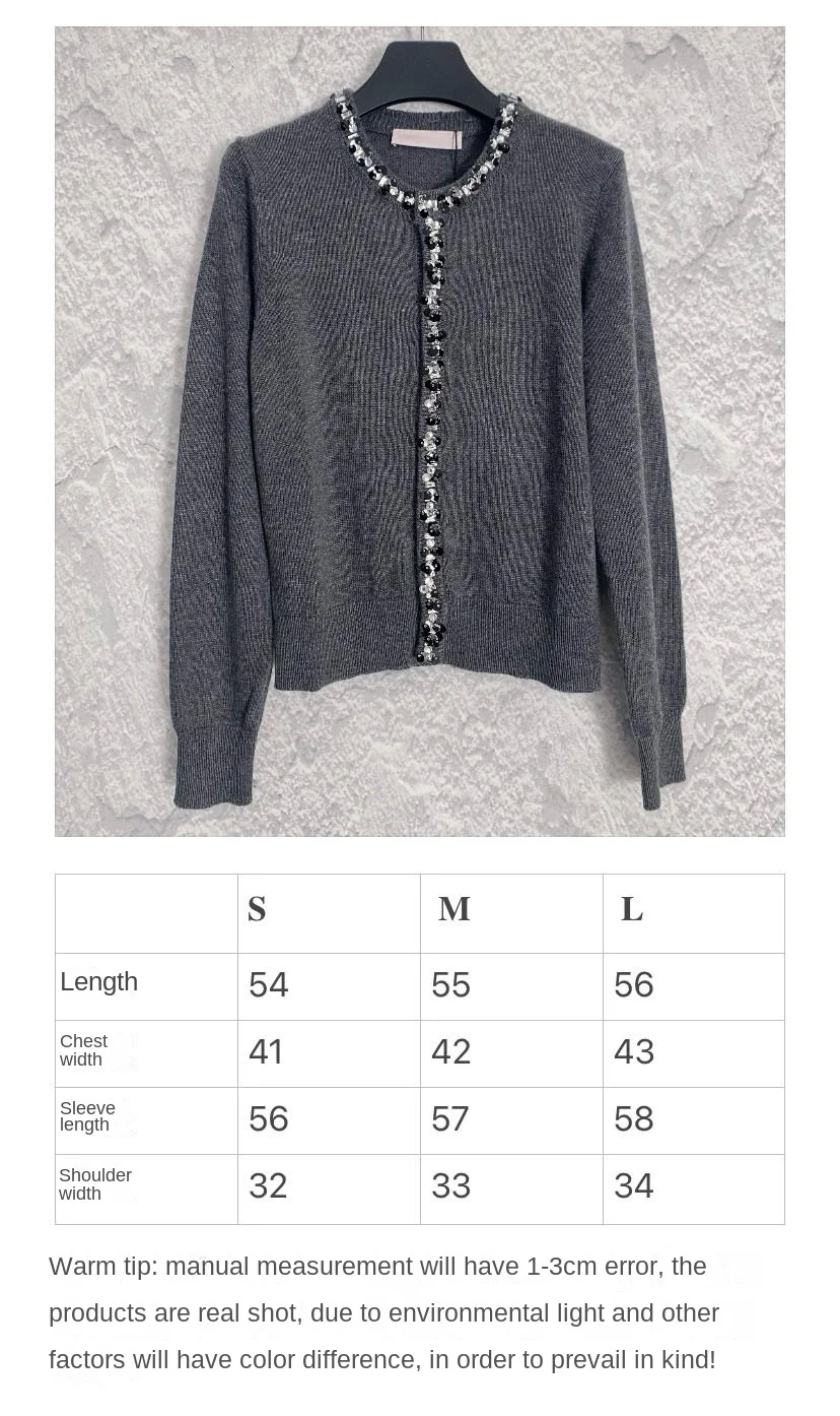 2024 Summer and Autumn New High Quality Women\'s Clothing Nail bead sequin knitted gray cardigan 0722