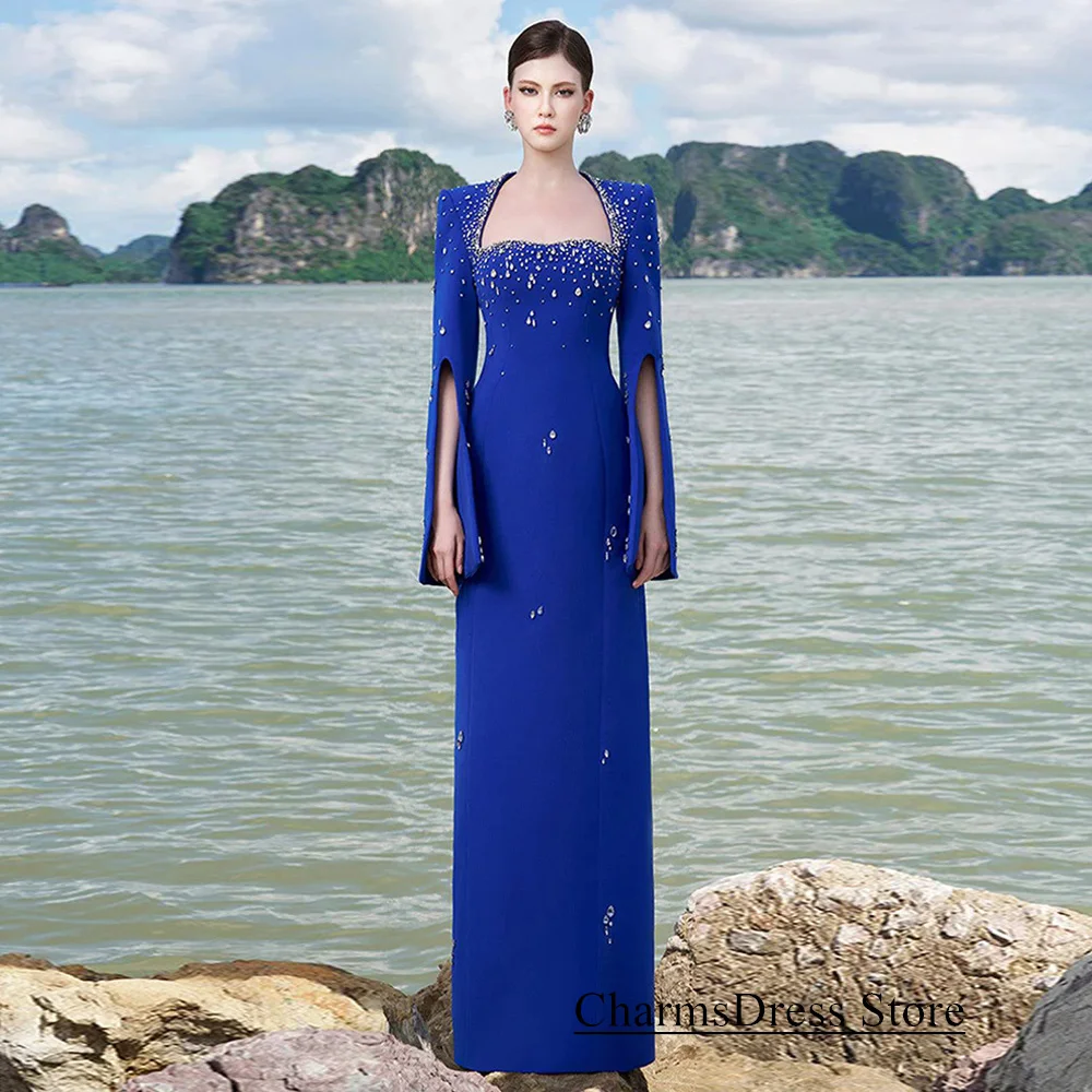 Royal Blue Evening Dress Customized Slit Long Sleeves Arabian Party Gown Crystal Stone Formal Prom Gown Special Occasion Dresses