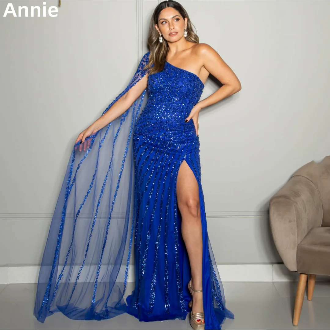 Annie Blue Wedding Dress Long Sleeve Glitter Sequins Luxury Prom Dresses Mermaid Elegant Lady Formal Occasions فساتين سهرة