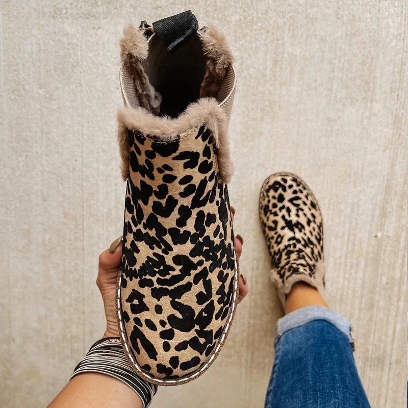 Women Chelsea Boots Fashion Leopard Print Ankle Bootins Ladies Leatherette Furry Botas Winter Warm Plush Shoes