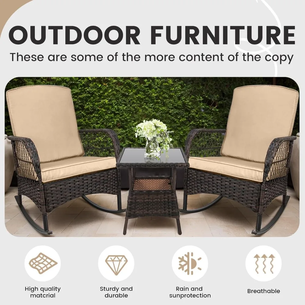 3 pcs Rocking Bistro Set Conversation Chairs PE Wicker Outdoor Rocking Chairs(Rocking Set,Khaki)