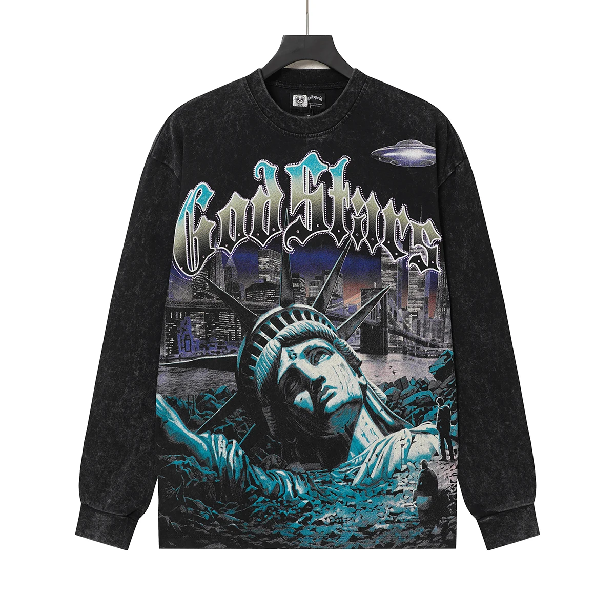 Harajuku Rock Street Washed Hot Diamond Retro Sleeve T-shirt Godspeed Casual Long Sleeve Letter Printed TEE Top