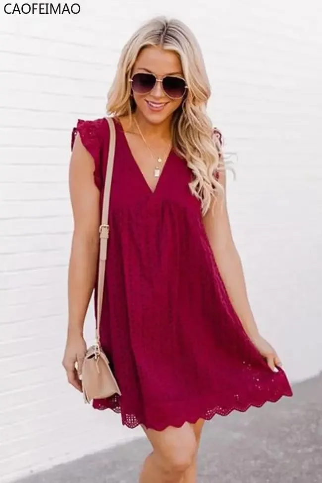V-neck Summer Short Sleeve Lace Dress Hollow Casual Dress Women Party Dresses Ladies 2025 A Line Vestidos Robe with Pocket