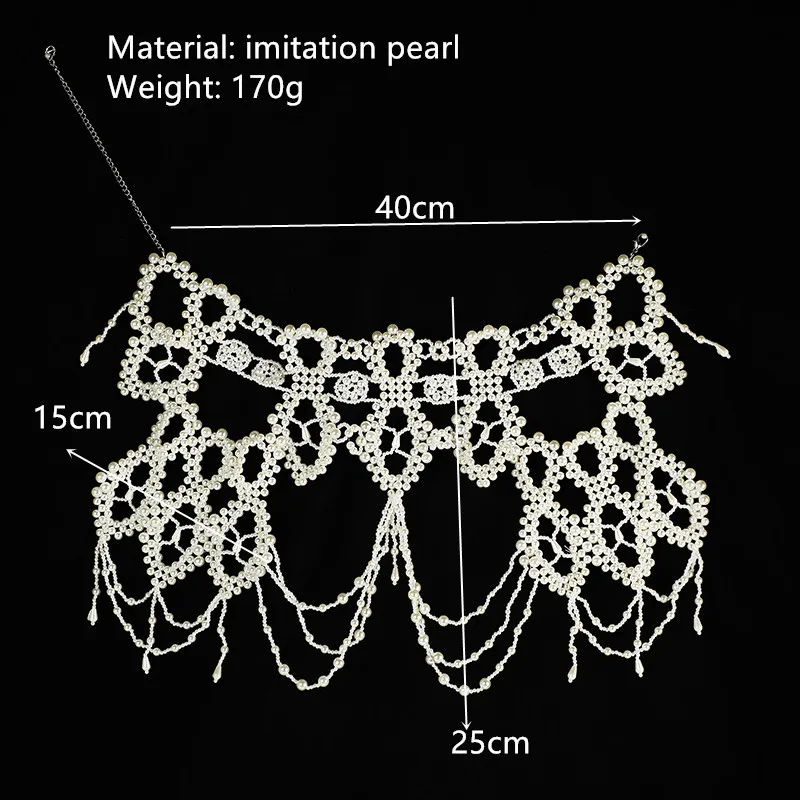 Vintage Bride pPearl Shoulder Chain Jewelry Hollow Out Hand Woven Body Chain for Women Imitation Pearl Necklace