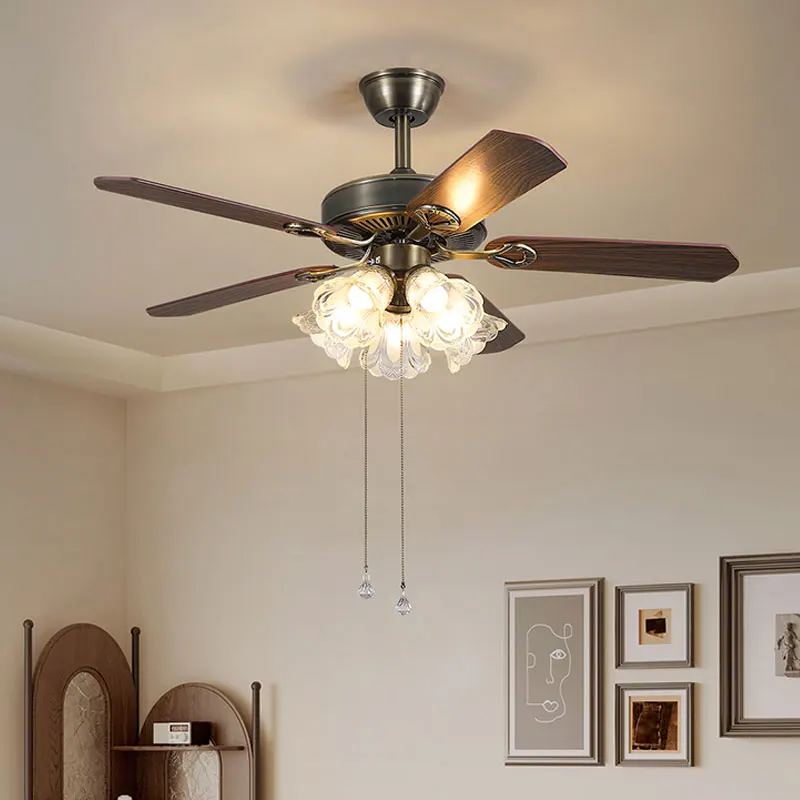 Old Nordic simple style brass colored wooden fan blade remote control hand pull switch fan with light