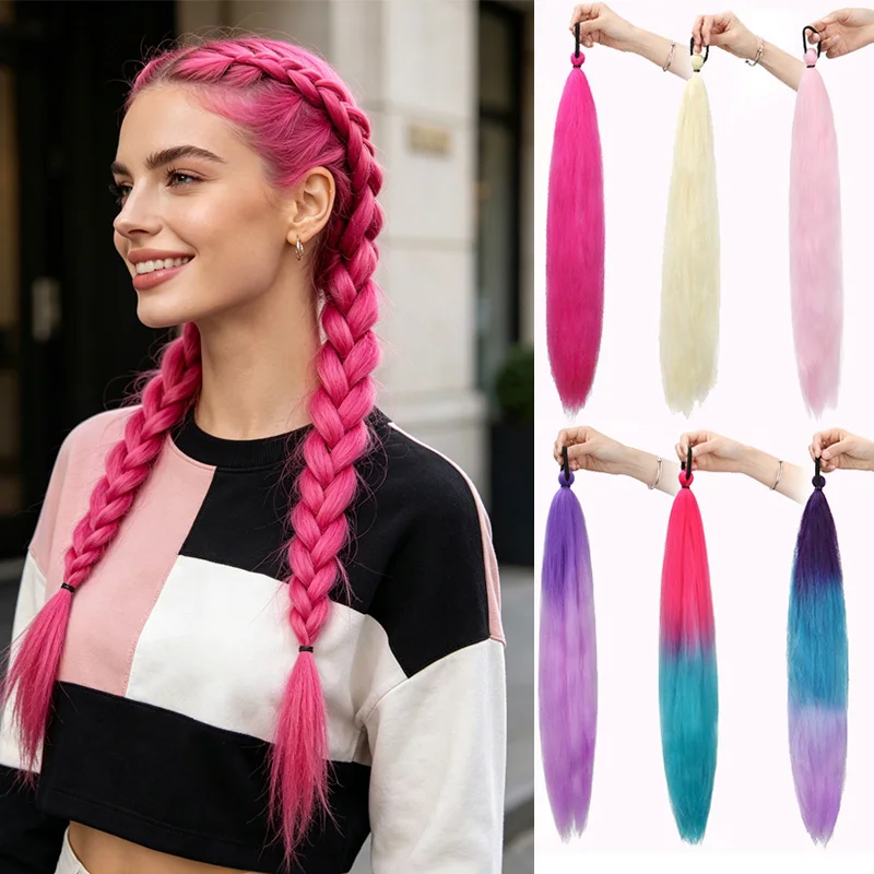 Synthetic 26Inch Long Straight Ponytail Elastic Hair Rainbow Braiding Ponytail Hair Extensions Hair Accessories for Women