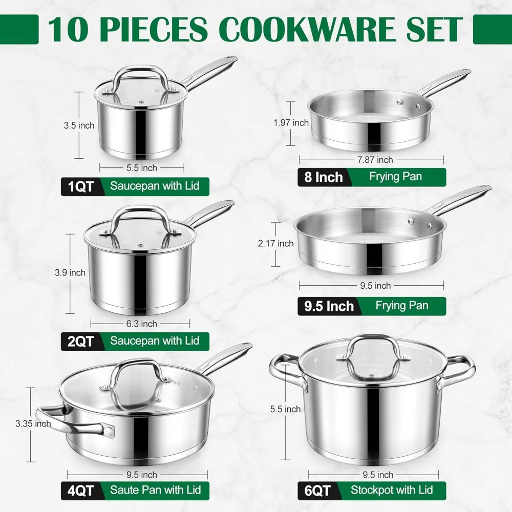 E-far 10-Piece Stainless Steel Cookware Set, Induction Pots and Pans Set with Tri-Ply Base, Non-toxic Kitchen Cooking Set w/Fryi