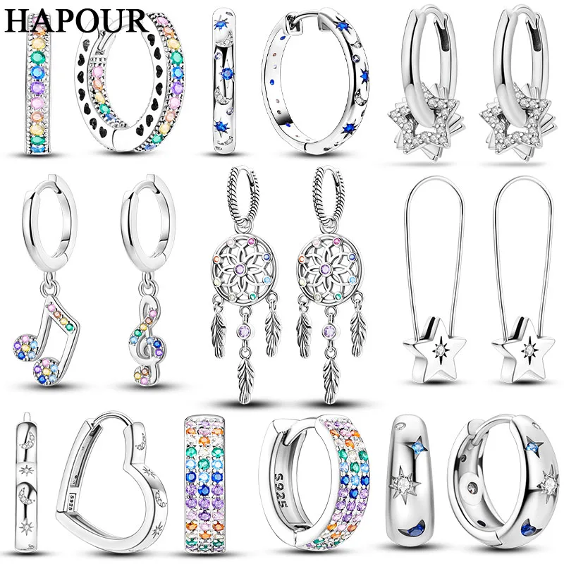 

HAPOUR 925 Sterling Silver Hoop Earrings Moon Star Dreamcatcher Colored Zircon Fine Earring Jewelry Gift For Women