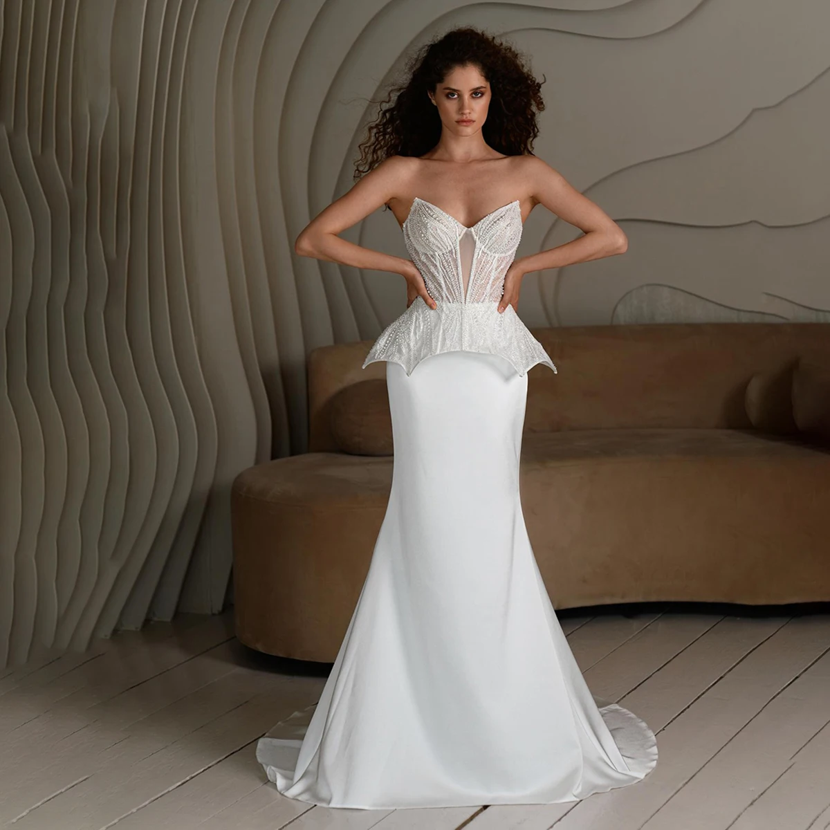 التألق الديكور مشد حورية البحر ثوب الزفاف قطعتين الساتان مضيئة الخصر حمالة الوهم الترتر مثير فستان الزفاف مخصص