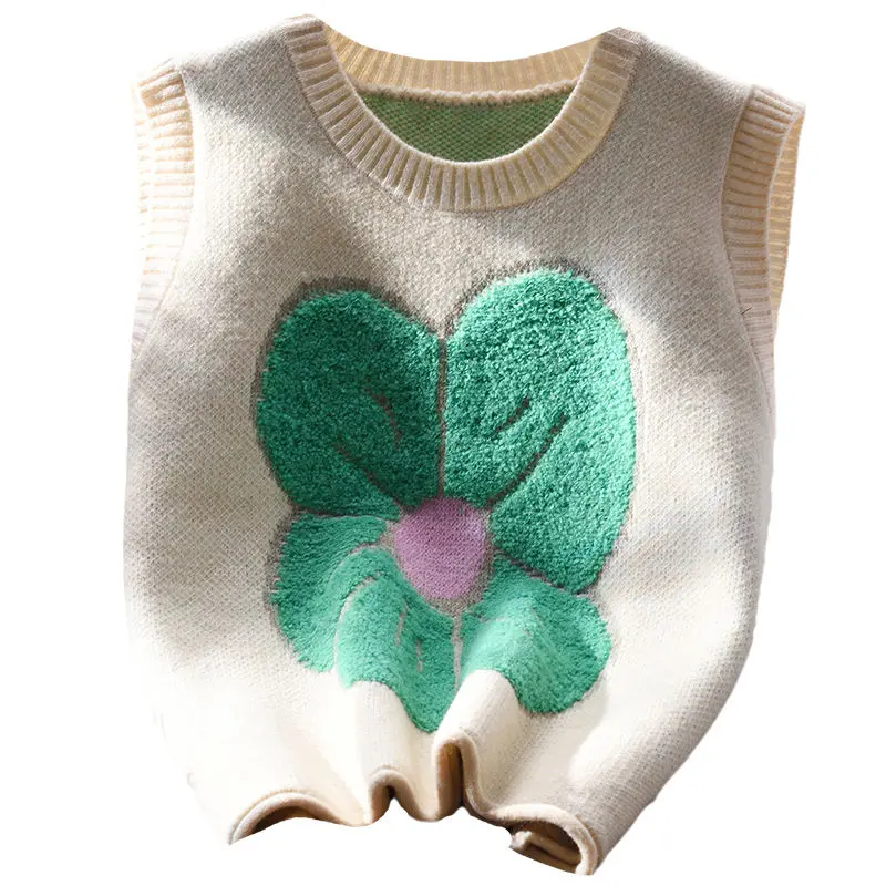 Lady Sweaters Beige Cropped Waistcoat Short Loose Knit Vests for Women Flowers Pullover Y2k Elegant Clothing Classic Warm