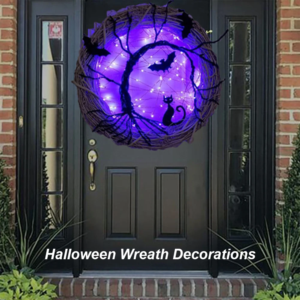 

Halloween Wreath Battery Operated LED Purple Light Wreath with Rope Halloween Hanging Decor Best Gifts for Front Door