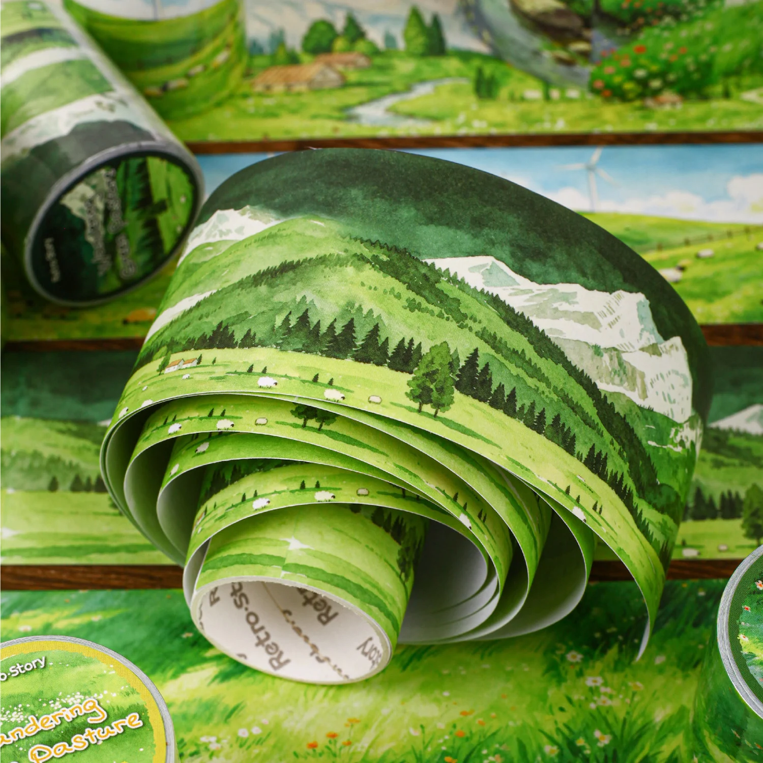 Tape for Journaling with a Mountain and Sea Theme, High Aesthetic Value, Hand-Drawn Valley and Grassland Scenery, DIY Background Decoration and Scene Creation Stickers