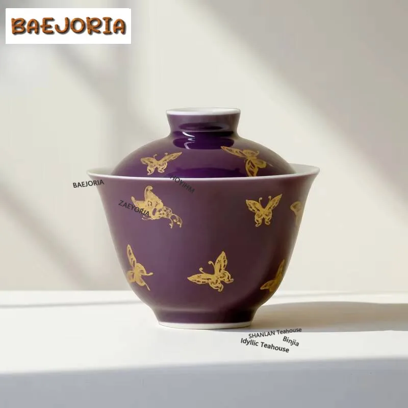 135ml Purple Gold Stamp Butterfly Gaiwan Creative Tea Tureen Tea Bowl With Lid Kit Tea Making Cover Bowl Tea Ceremony Collection