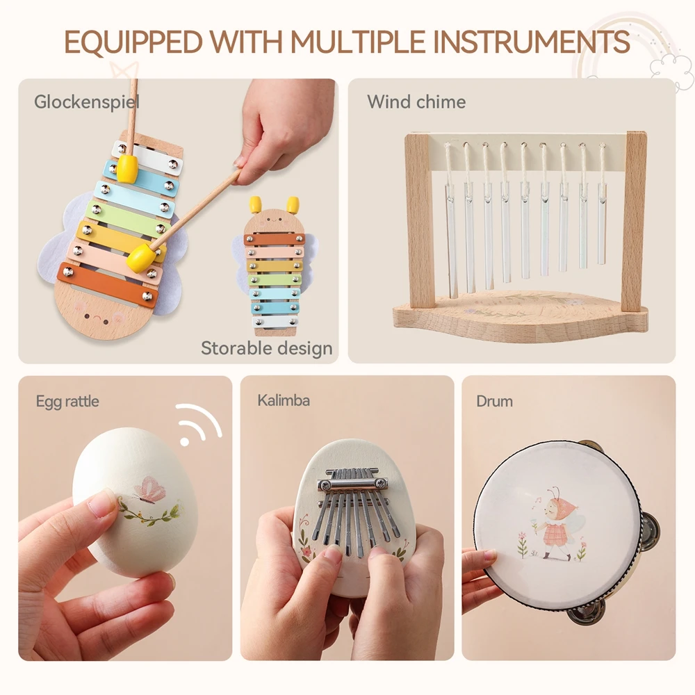 Music Toys Baby Wooden Montessori Toys Children Music Instrument Squirrel Maracas Drum Xylophone Early Education Sensor Toys Set