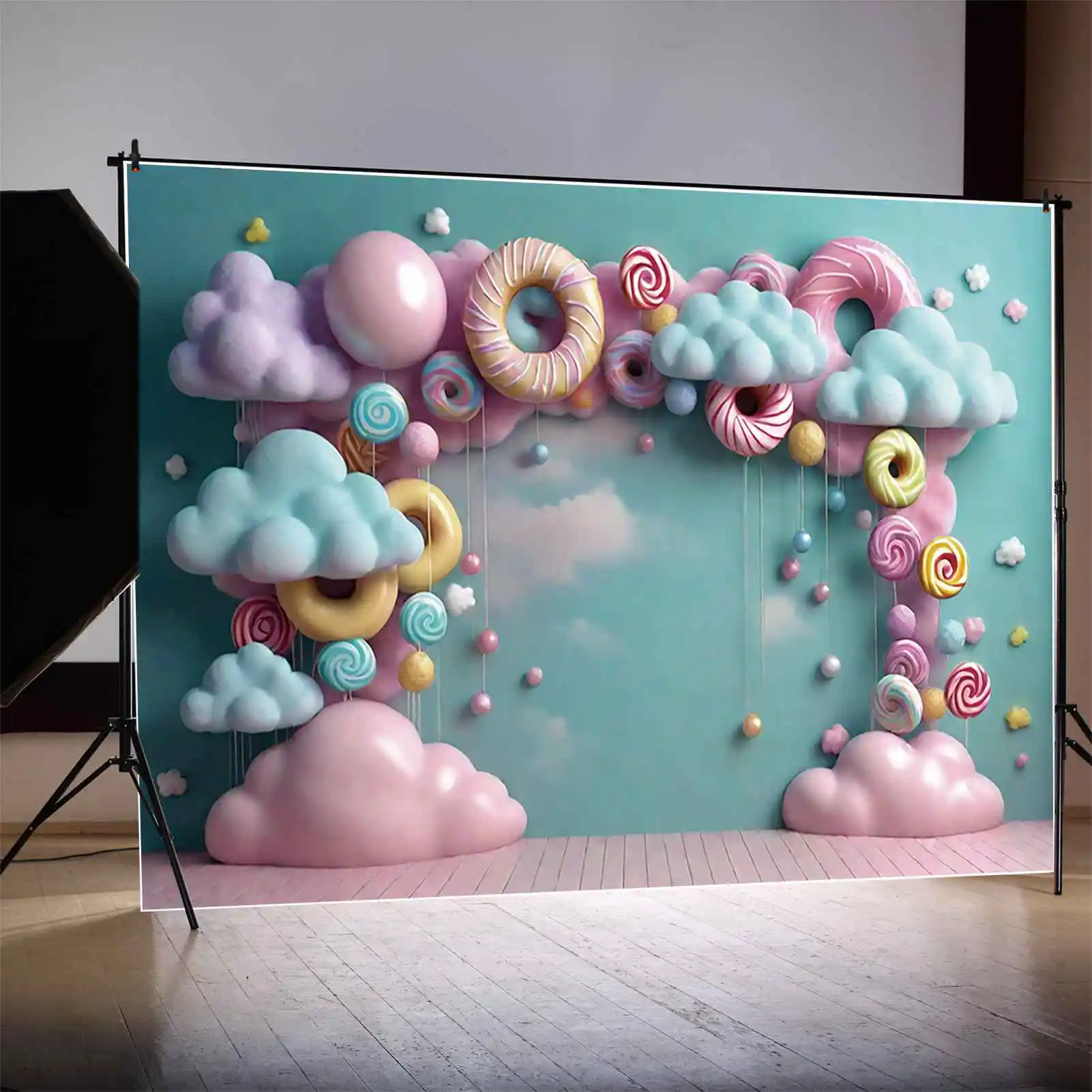 MOON.QG Cloud Doughnut Candyland One Birthday Backgrounds Girls Blue Sky Cloud Lollipop Backdrops Custom Party Photography Props