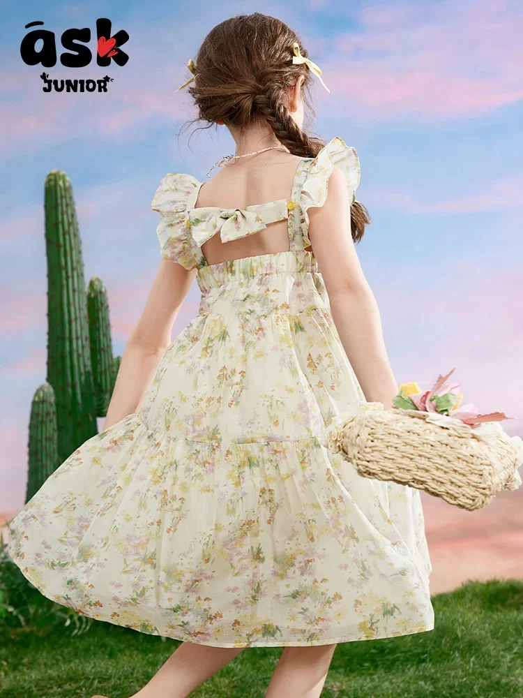 اسأل فستان صيفي للفتيات الصغيرات بحمالات زهرية وأكمام طائرة #2
