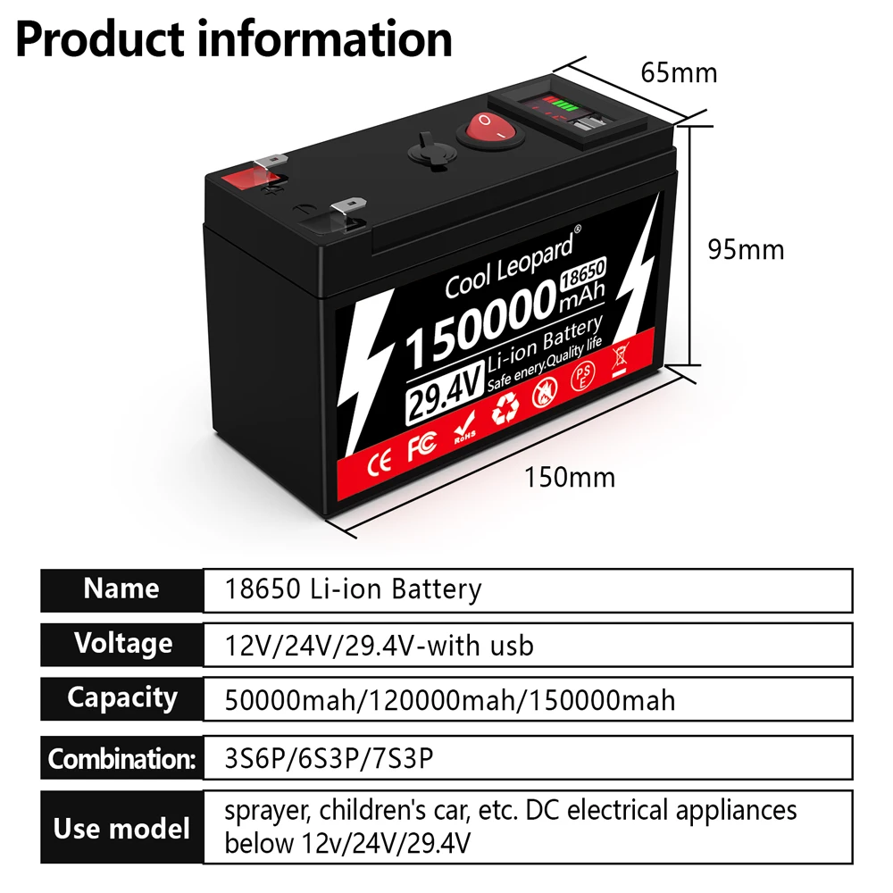 New 29.4v 150ah 18650 Lithium Battery Pack High Current Built-In BMS Built-In 5v 2.1a With USB Power Display Port + Charger