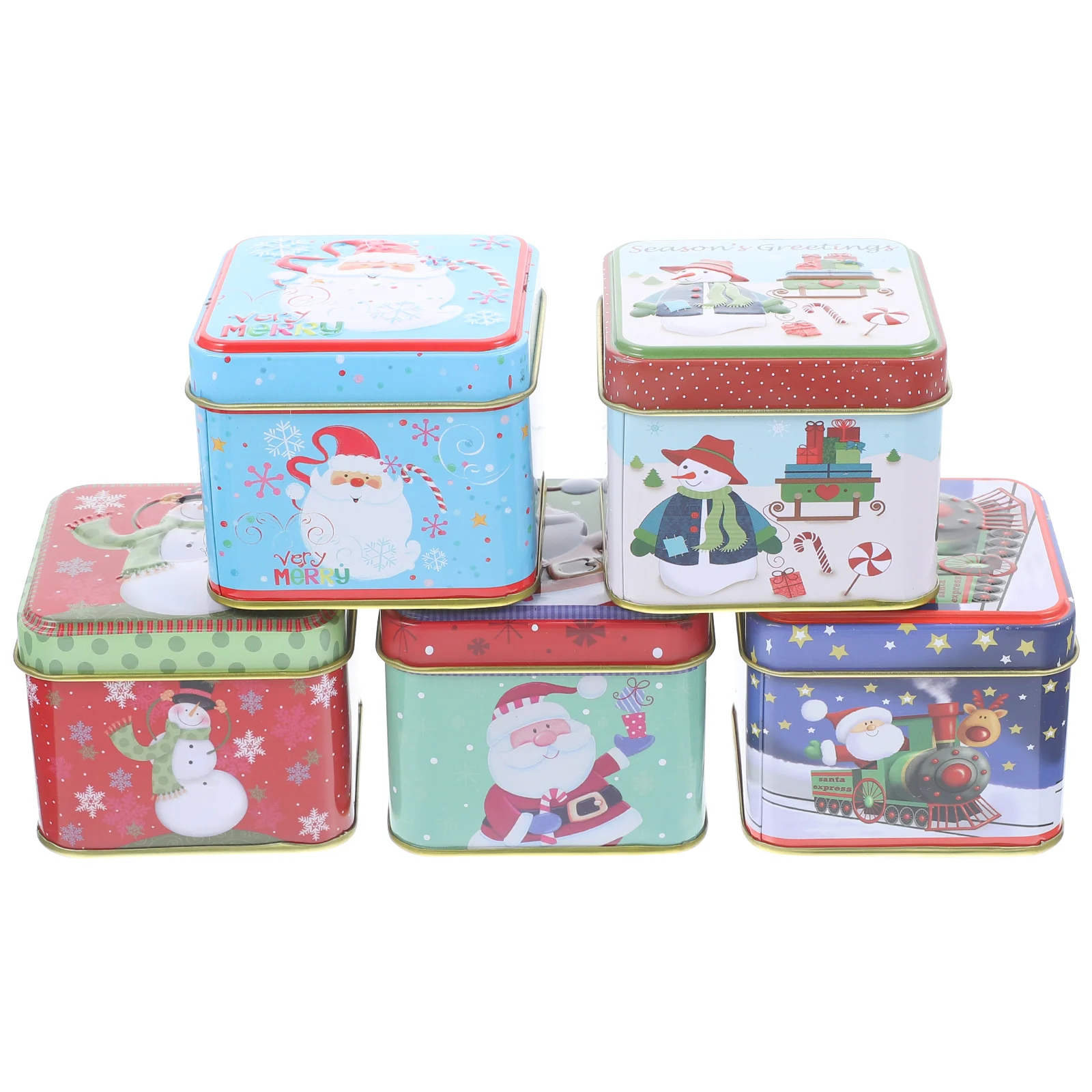 

5Pcs Christmas Tinplate Candy Box Square Tinplate Candy Cookie Boxes Exquisite Candy Jar Gift Box (Red Snowman+Skiing Snowman+Bl