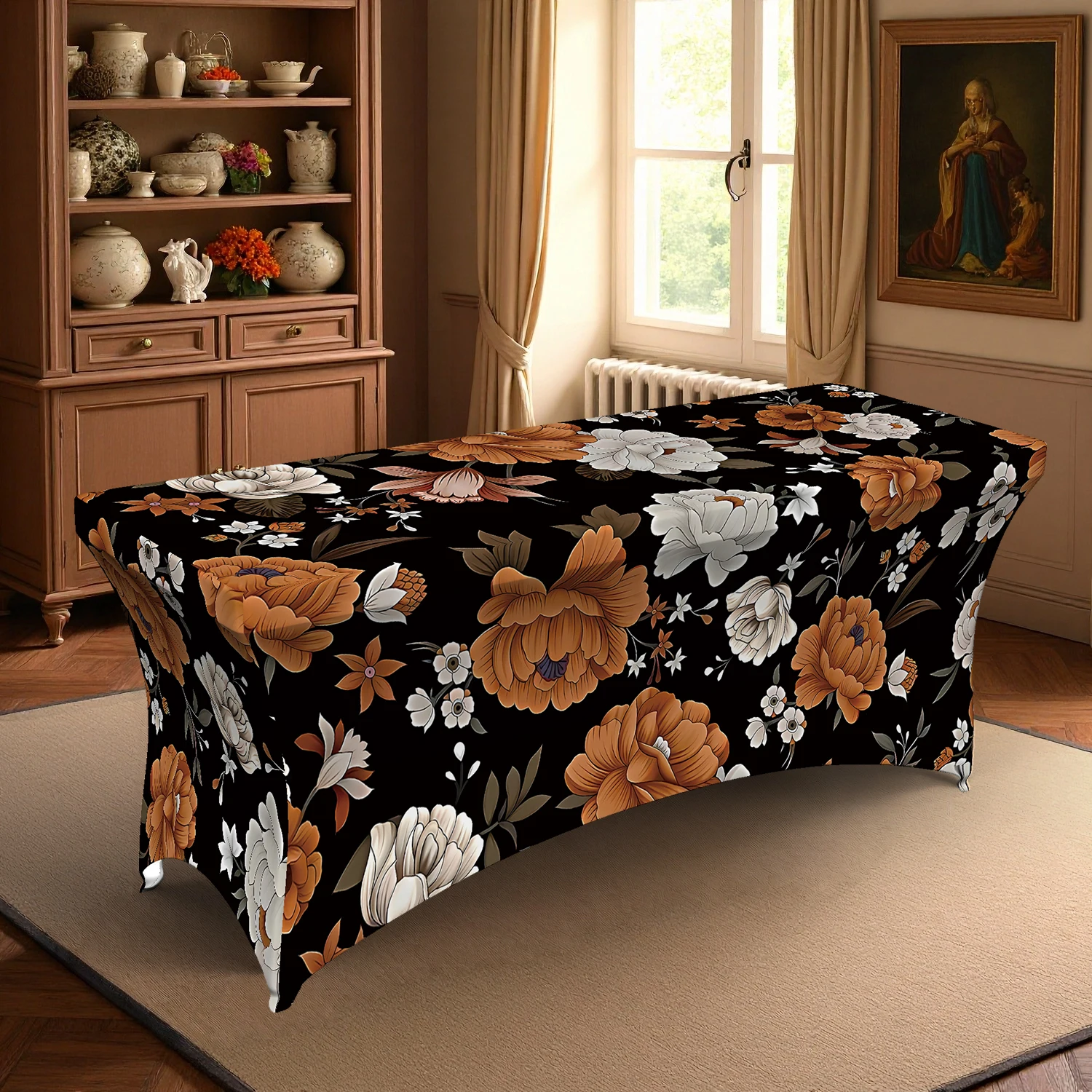 1PC Luxury Fashion Black Brown Base Golden Floral Butterfly Digital Print Fitted Tablecloth, 4/6/8FT French Mi