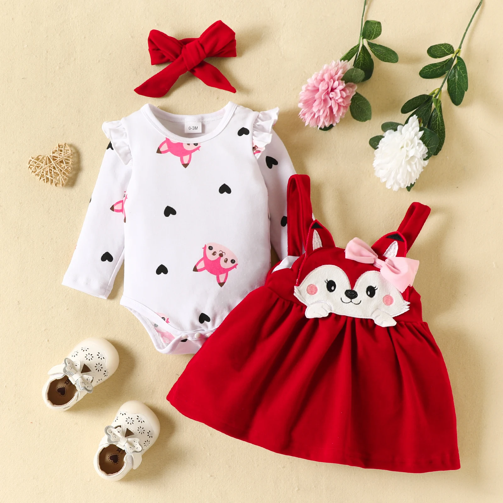 BeQeuewll Baby Girls Autumn New Style 3 Piece Outfits Long Sleeve Ruffle Romper and Cute Fox Print Suspender Skirt Headband Sets