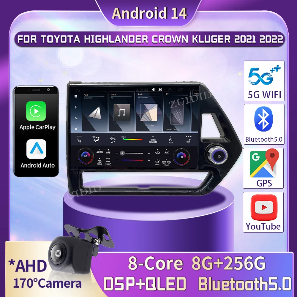 13-дюймовая автомобильная стереосистема Android 14 для TOYOTA Highlander CROWN KLUGER 2021 2022 навигационный мультимедийный плеер Tesla Style Carplay BT