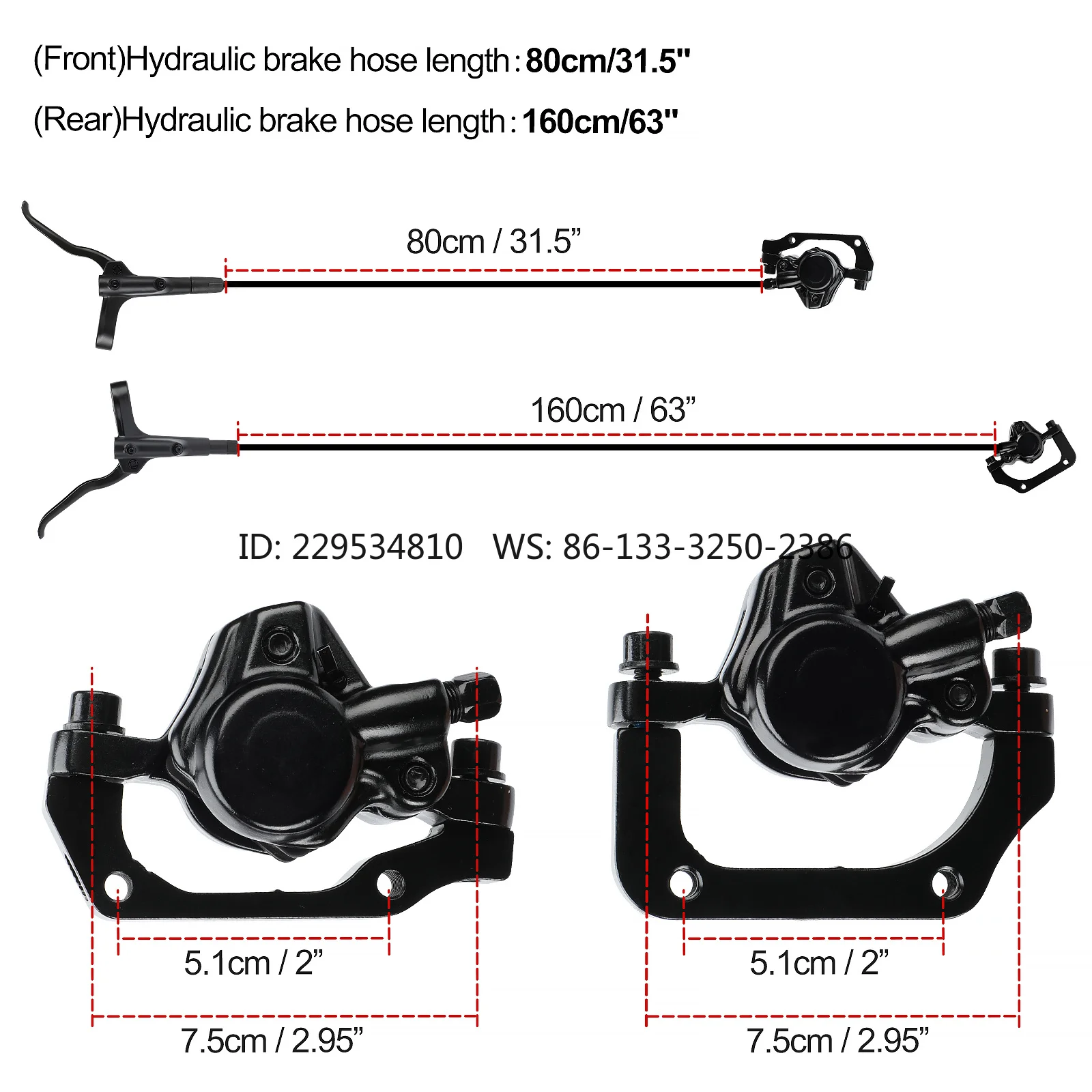 Hydraulic Disc Brake Set - 1 Pair Full Oil Braking Lever Kit  with 160mm Rotors, Left Front (31.5