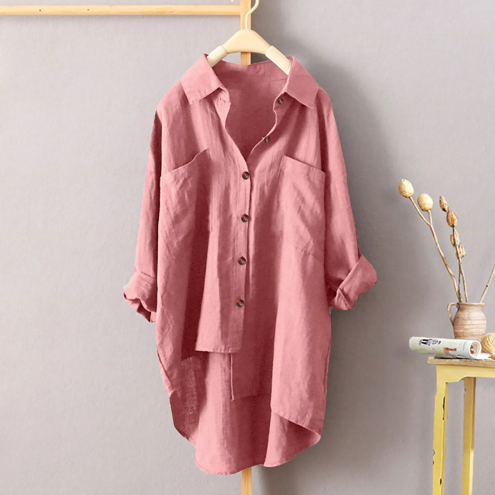 

Women'S Solid Colour Double Pocket Button Shirt Ladies Front Short Back Long Fashionable Casual Versatile Comfortable Blouses