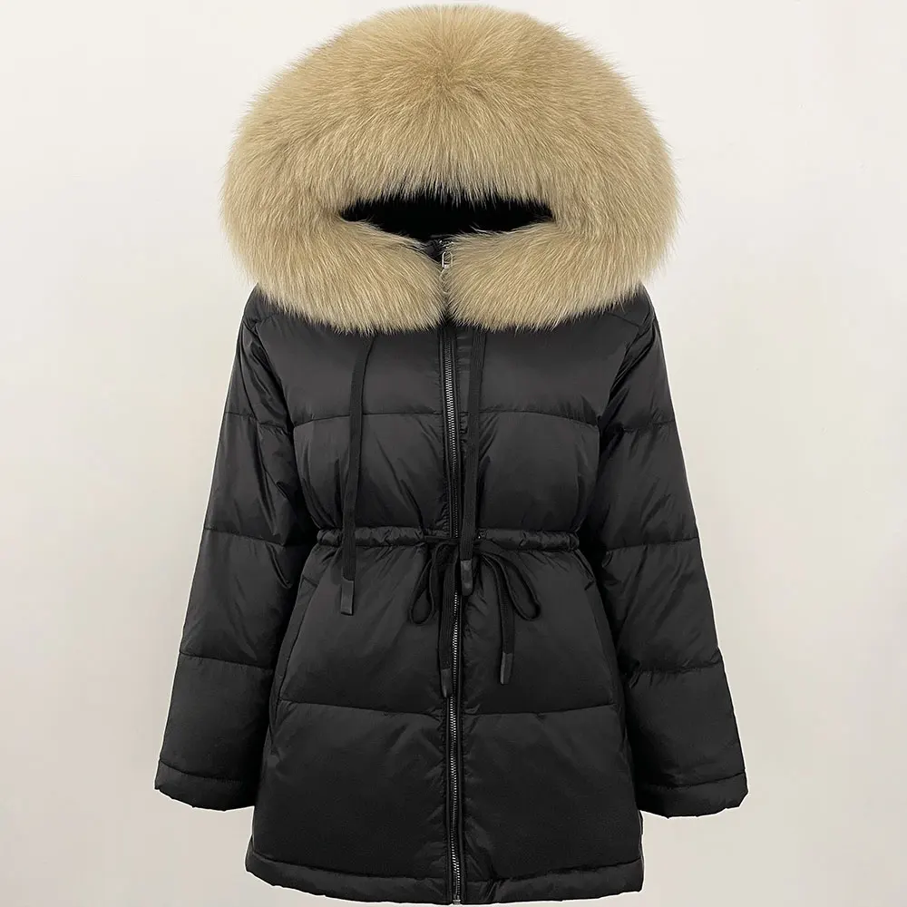 Winter Puffer Jacket Women Large Natural Raccoon Fur Hooded 90% Duck Down Coat Female Warm Sash Tie Parkas Waterproof