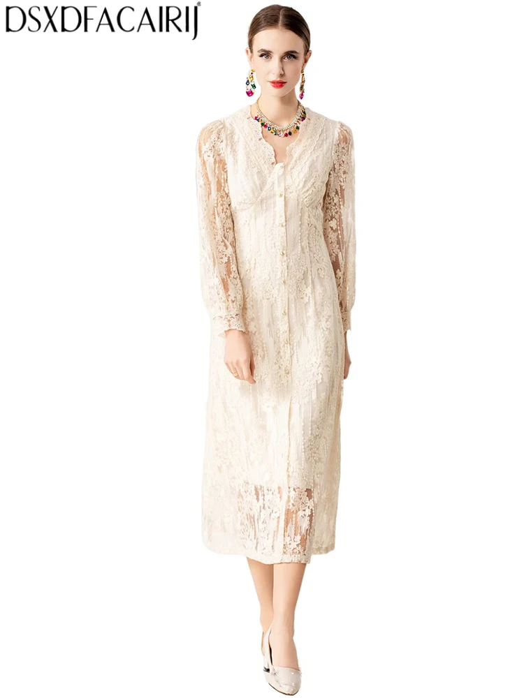 DSXDFACAIRIJ ชุดเดรสผู้หญิงคอวี แขนทรงโคม ผ้าลายแจ็คการ์ด ผูกเชือก แต่งผ้าลูกไม้ สไตล์หวานๆ สำหรับฤดูใบไม้ผลิและฤดูใบไม้ร่วง