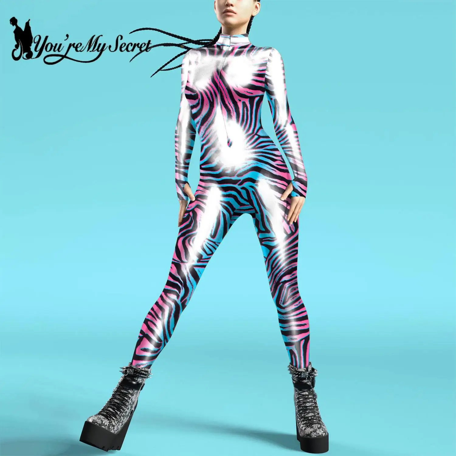 [Je Bent Mijn Geheim] Halloween Vrouwen Bodysuits Punk Thumb Design Cosplay Kostuum Luipaard Patroon Zentai Vrouwelijke Rits Jumpsuits