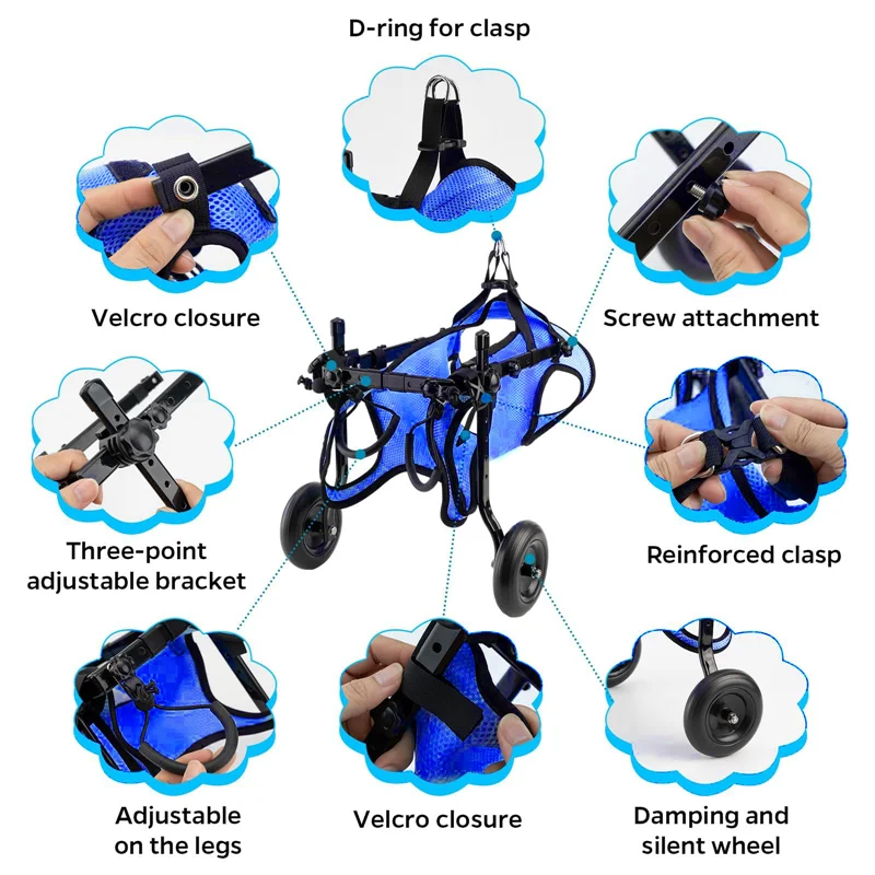 Classic Square Aluminum Alloy PP Polyester Adjustable Folding Dog Wheelchair for Elderly Disabled Dogs Leg Support Pet