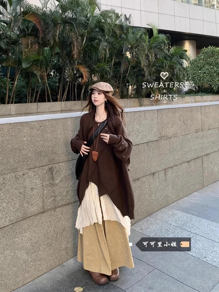 

Женский повседневный вязаный свитер с открытыми плечами и длинными рукавами, свободные брюки, весенний модный комплект 2026, удобный для отдыха