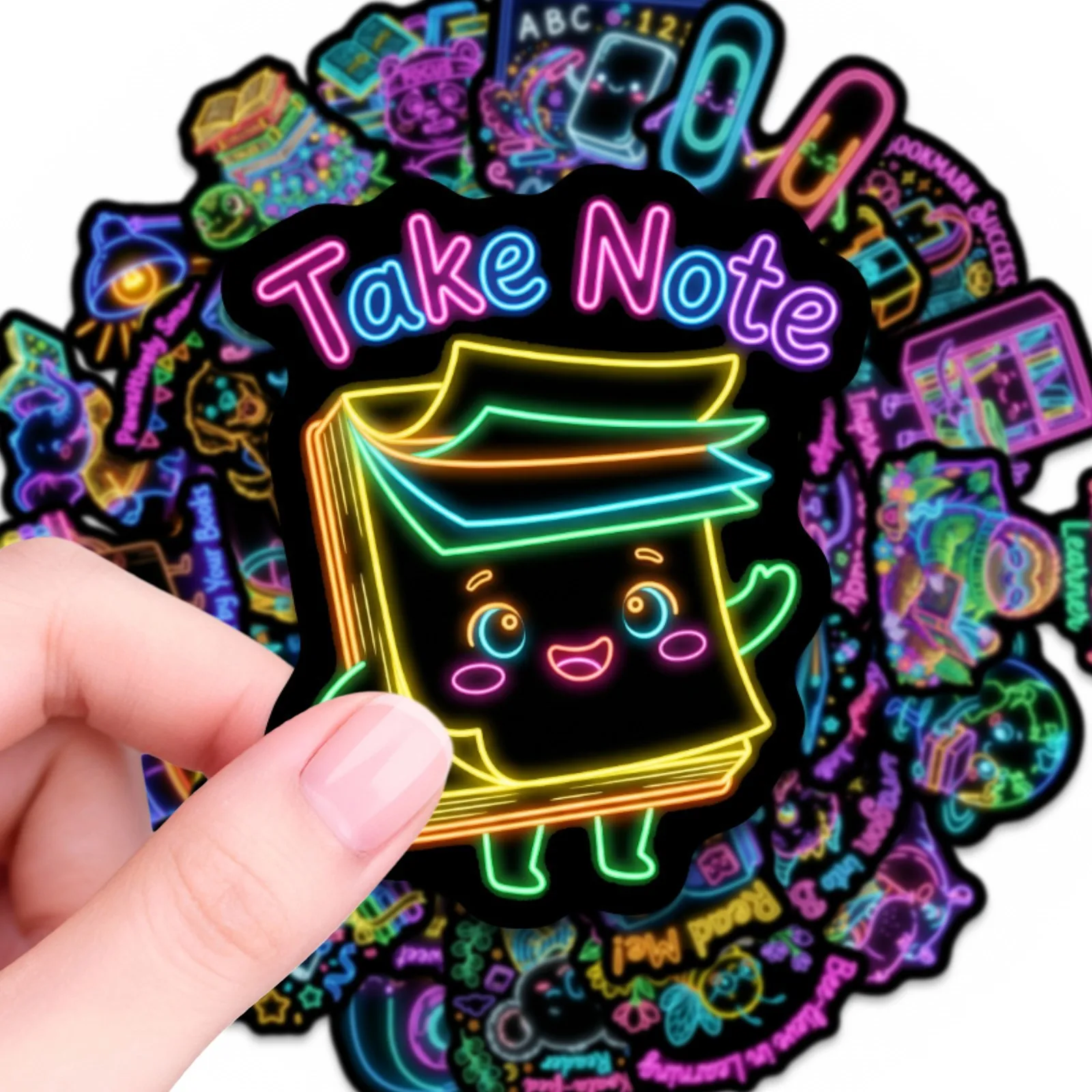 50 Pcs Neon Cartoon Learning Theme Stickers Student Scrapbook Decorate Stationery Box Lunch Box Desk Helmet Bicycle Skate Decals