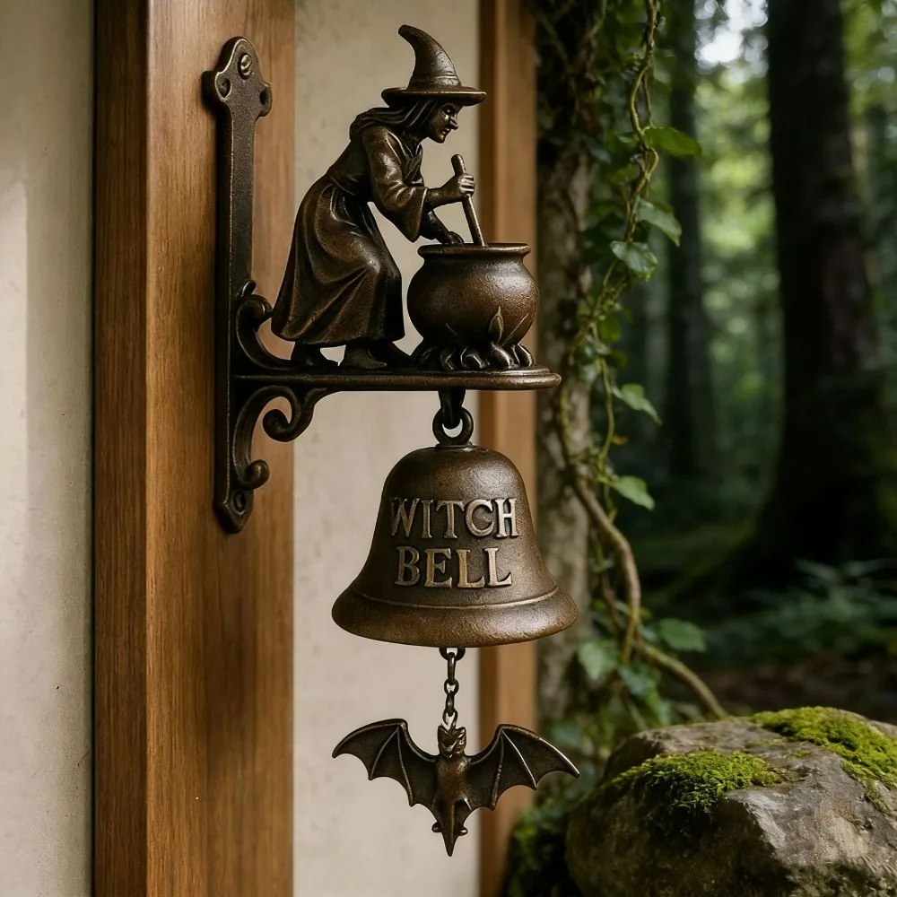 Vintage Halloween Witch Doorbell Sounding Alloy Witch Hanging Ornament Wall-mounted Copper-colored Halloween Door Hanger Garden