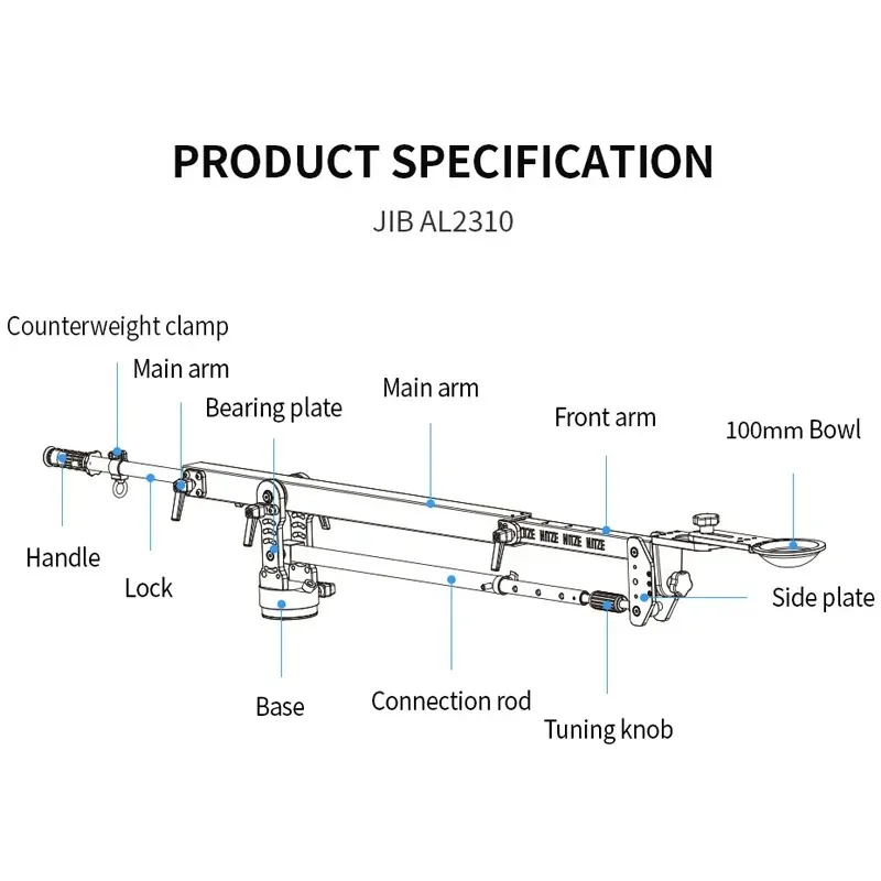 NITZE Jib Professional Camera Jib Crane Arm Pan 100mm Bowl Qith Carry Bag,10KG Load, For DSLR Video Micro Single