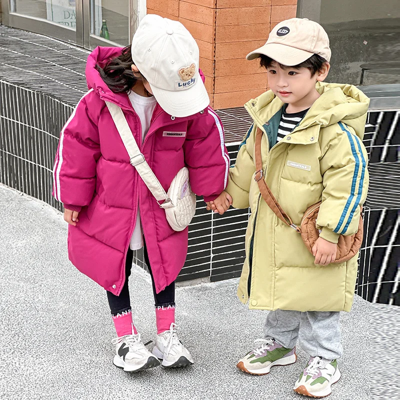 Kids Long Down Jackets Winter Thick Warm Hooded Coats Autumn Girls Boys Fashion Cotton Clothes Snowsuit Teen Cold Outerwear