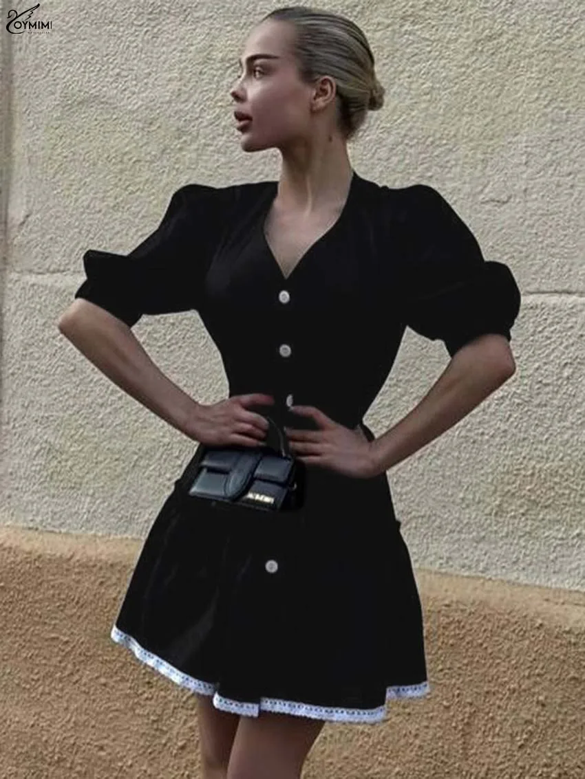 

Oymimi Casual Blue Cotton Women's Dress Fashion V-Neck Short Sleeve Single Breasted Dresses Elegant Lace Pleated Mini Dresses