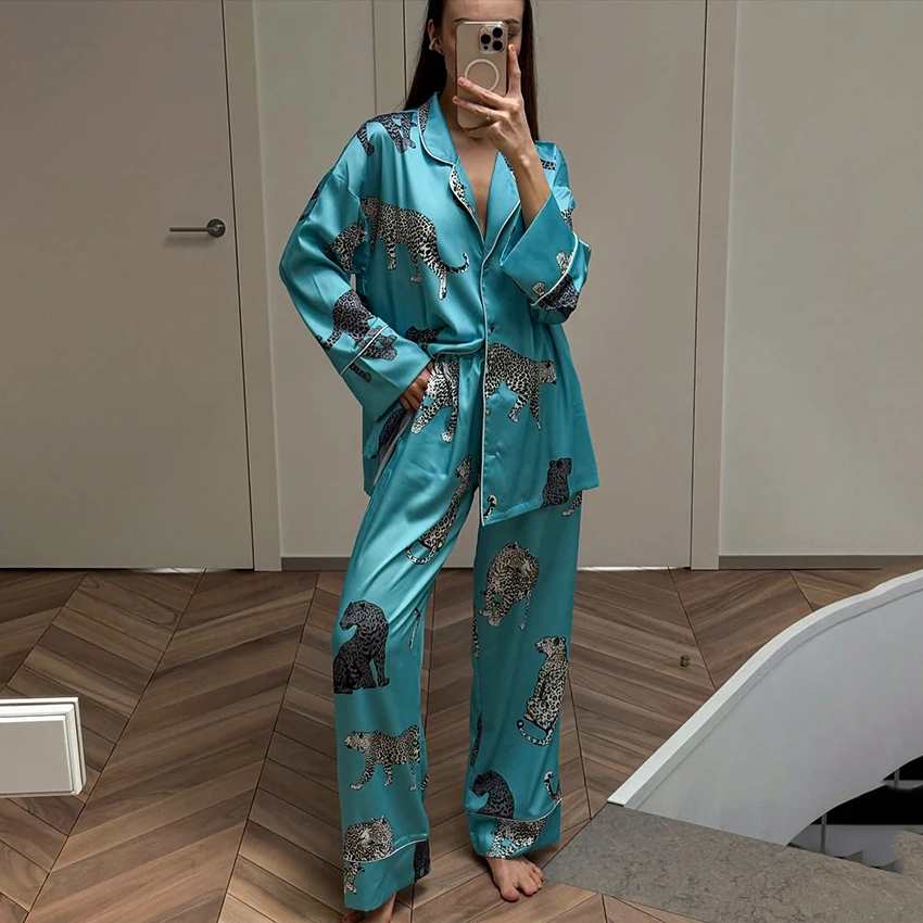 

HiLoc Home Satin Animal Print 2 Piece Sleepwear Elegant Long Sleeve Shirt With High Waist Pants 2026 Casual Trousers Sets Women