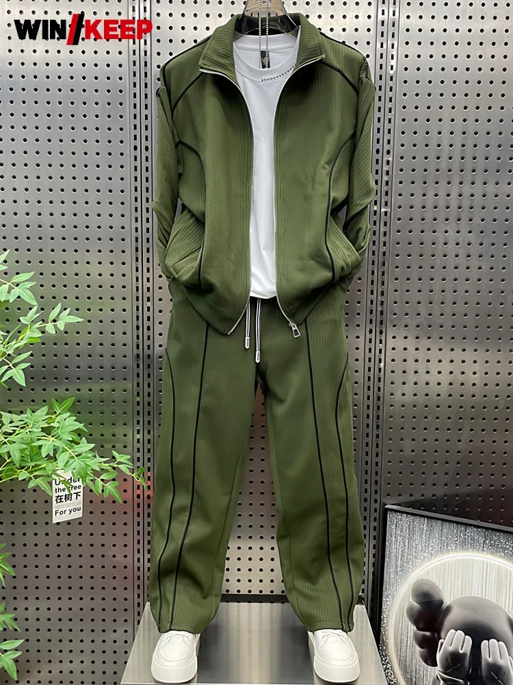 

Mens Autumn Winter Rinning Sportswear Loose Fit Spliced Stand Collar Jacket Sweatpants Two Piece Set Male Streetwear Tracksuit