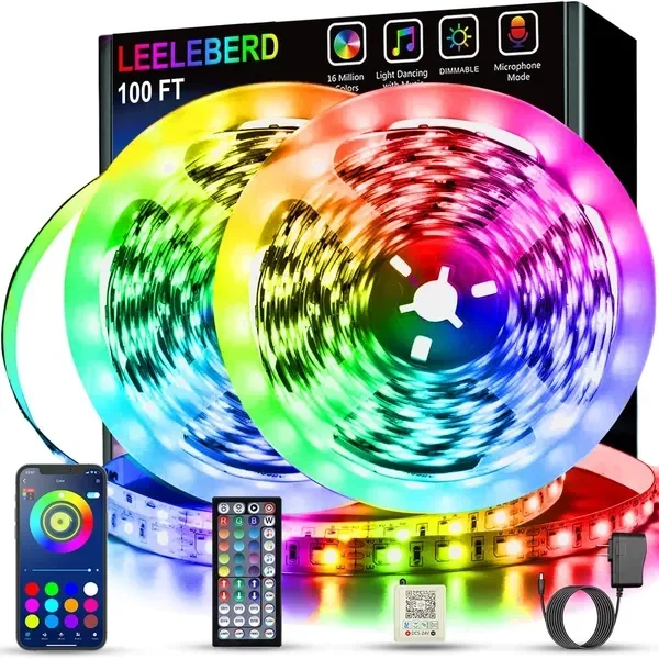 

Светодиодные ленты RGB длиной 100 футов для спальни – синхронизация с музыкой, изменение цвета, управление через приложение и пульт, 2 рулона по 50 футов.