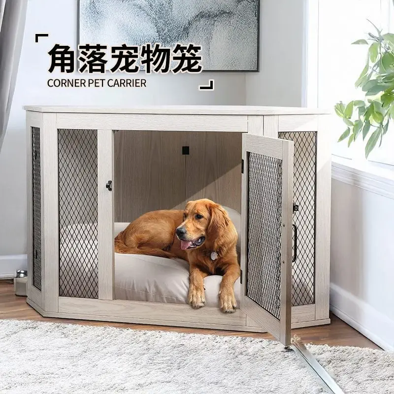 Nordic wind anti-bite corner pet table steel and wood pet cage corner design metal grid door dog cage