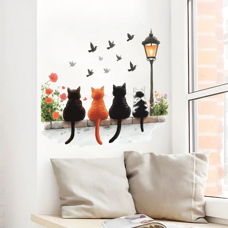 

Cartoon Kitten Back View Street Lamp Wall Decoration Sticker Children's Room Wall Sticker Self-Adhesive Removable